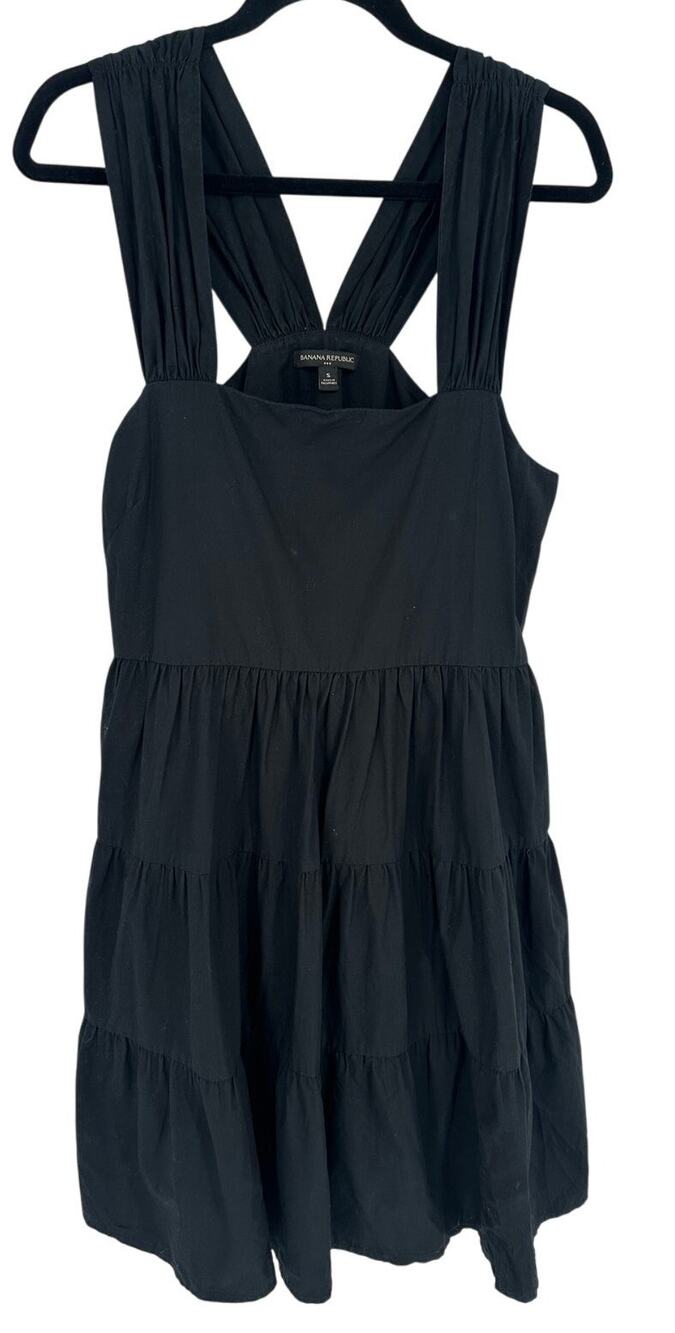 Banana Republic Black Dress S Tiered Midi Sleeveless A-Line‎ Cotton Summer LBD